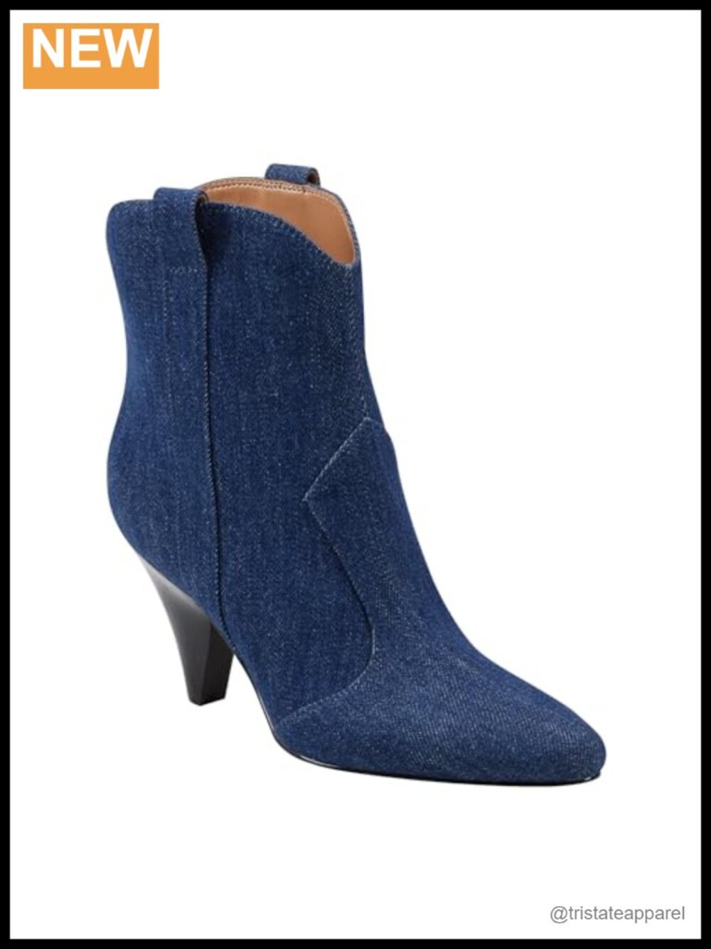 Western Inspired Denim Ankle Bootie with Pointed Toe and Cone Heel